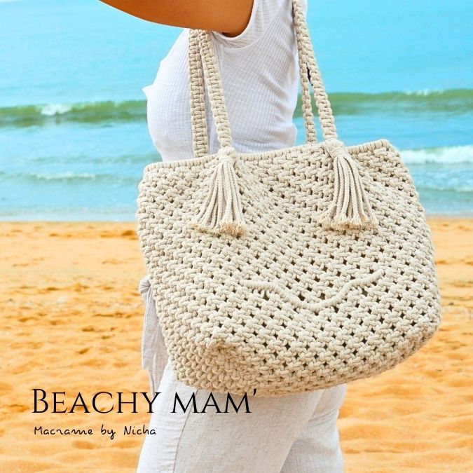 BEACHY MAM' -  MACRAME BAG - กระเป๋ามาคราเม่สีชมพู - กระเป๋าชายหาด - ทำมือ - Image 3