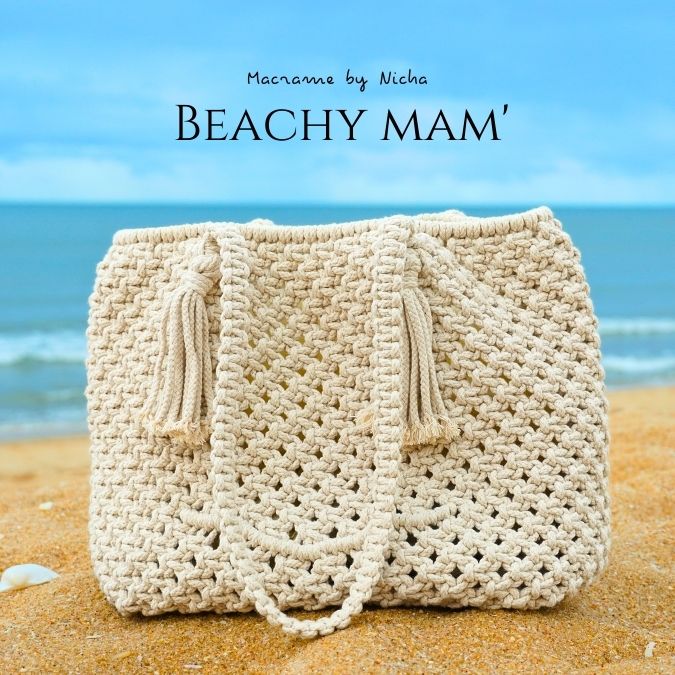 BEACHY MAM' -  MACRAME BAG - กระเป๋ามาคราเม่สีชมพู - กระเป๋าชายหาด - ทำมือ - Image 4