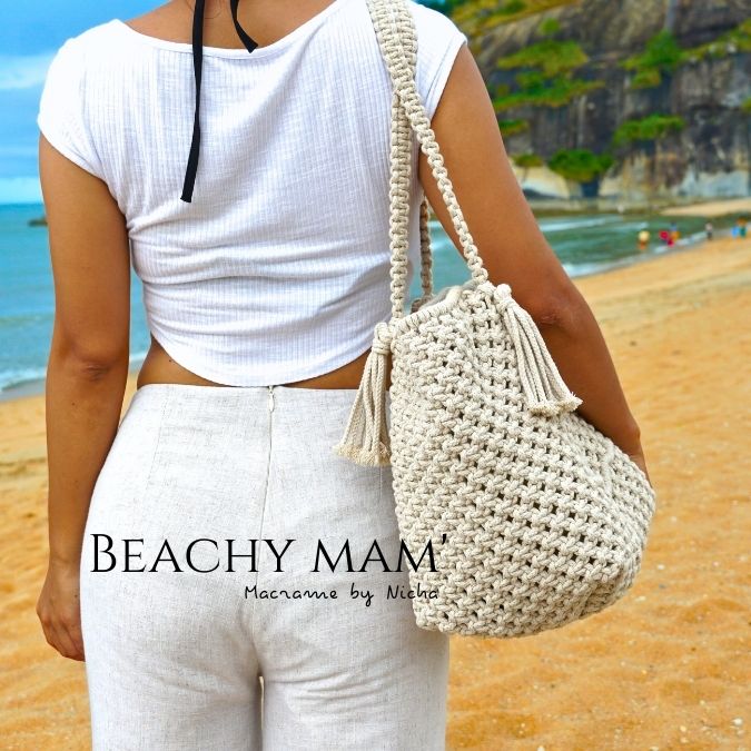 BEACHY MAM' -  MACRAME BAG - กระเป๋ามาคราเม่สีชมพู - กระเป๋าชายหาด - ทำมือ - Image 5