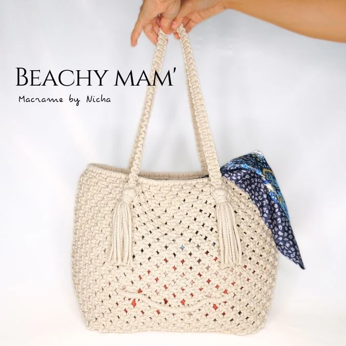 BEACHY MAM' -  MACRAME BAG - กระเป๋ามาคราเม่สีชมพู - กระเป๋าชายหาด - ทำมือ - Image 7