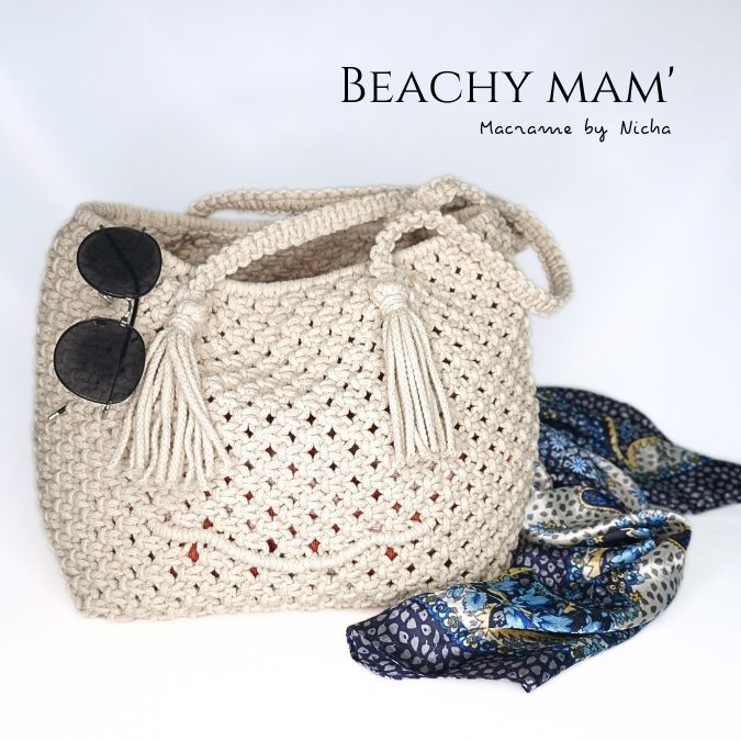 BEACHY MAM' -  MACRAME BAG - กระเป๋ามาคราเม่สีชมพู - กระเป๋าชายหาด - ทำมือ - Image 8